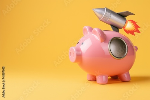 Pink piggy bank and rocket taking off, startup, savings and investment concept, yellow background