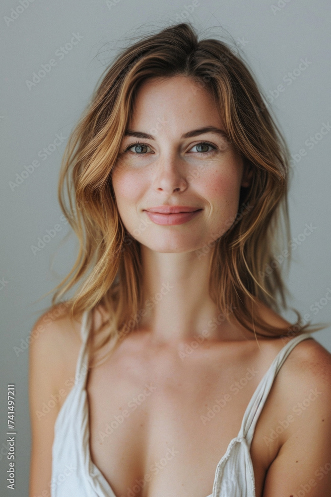 Happy attractive confident young adult or mid aged European woman posing for beauty aesthetic portrait. Beautiful lady smiling on background, attractive female model looking at camera. Close up face . Happy attractive confident young adult or mid aged European woman posing for beauty aesthetic portrait. Beautiful lady smiling on background, attractive female model looking at camera. Close up face .