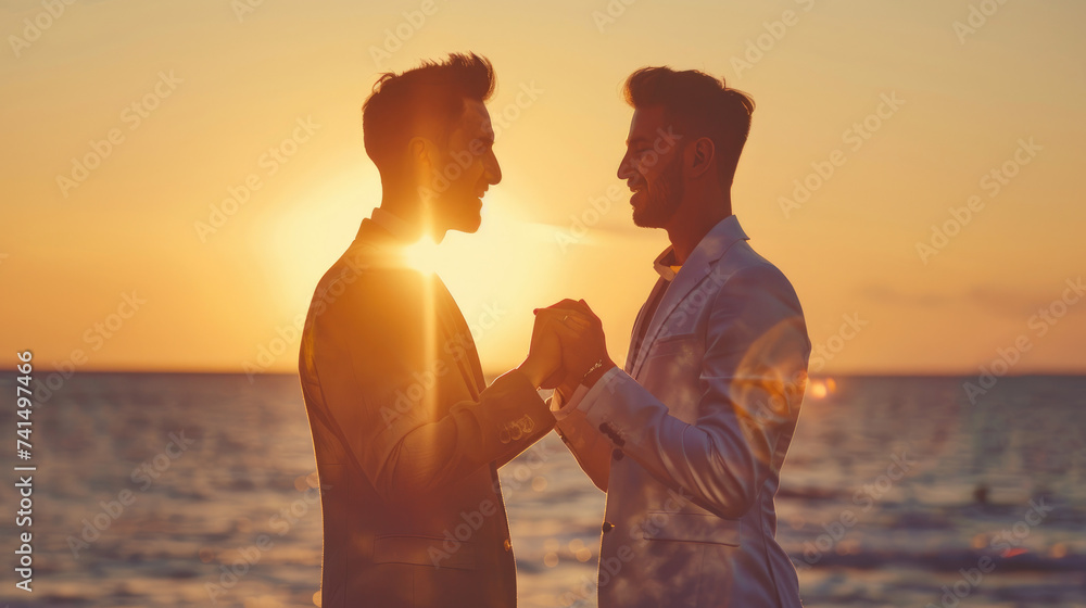 gay couple exchange rings and doing the wedding ceremony at a beach