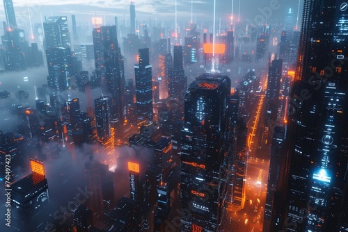 A futuristic city skyline with holographic displays visible from above,