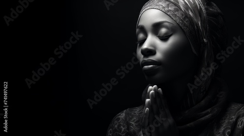 Black and white portrait of emotionally and desperately praying young woman on dark background