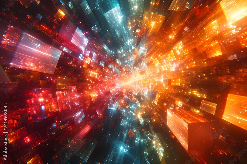 Abstract multicolored background with explosions and flying cubes from the center Abstract multicolored background with explosions and flying cubes from the center