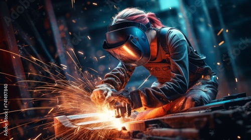 Woman working with electric welding wearing protective mask and gloves