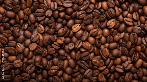 Top view background of aromatic brown coffee beans scattered on surface. Generative Ai