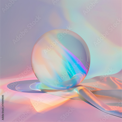 Surreal glass sphere with holographic reflections and soft shadows