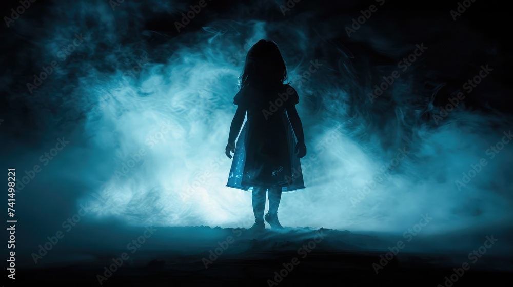 silhouette of a little girl emerges from a luminous room with smoke in the dark. The concept of children's fears and mysticism