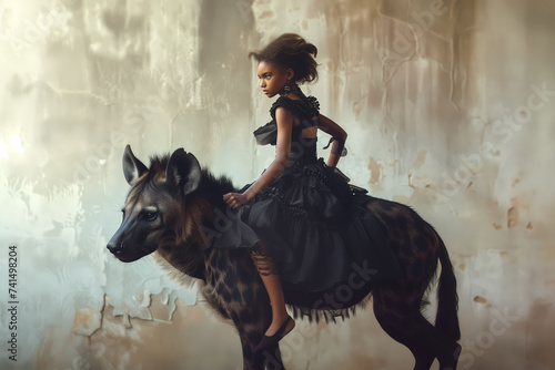 Young girl on hyena in a mystical setting