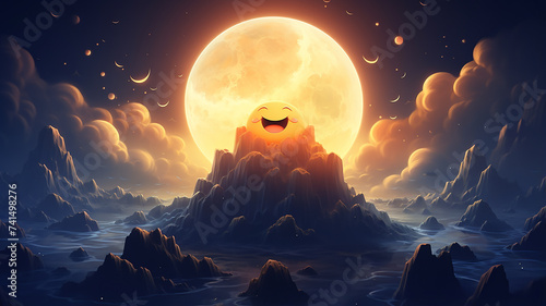 cartoon round moon on blue sky background, art character, good night kids photo