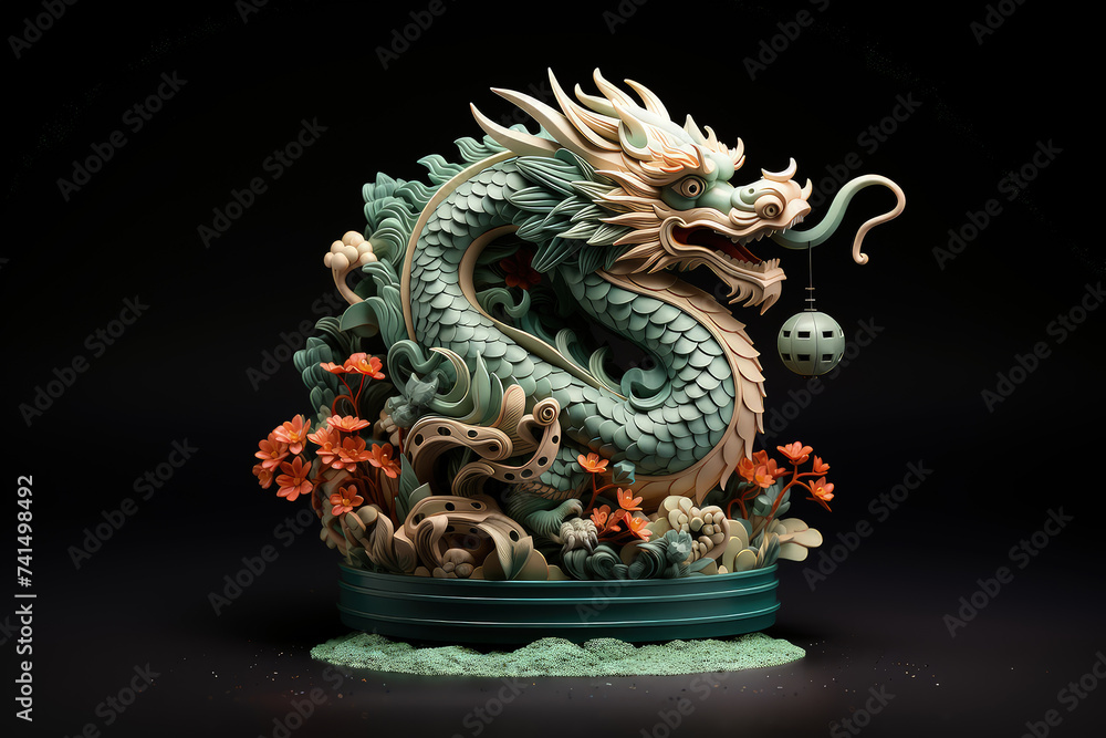 Fototapeta premium Statue of a dragon stands prominently against a black backdrop, showcasing intricate details and fierce features