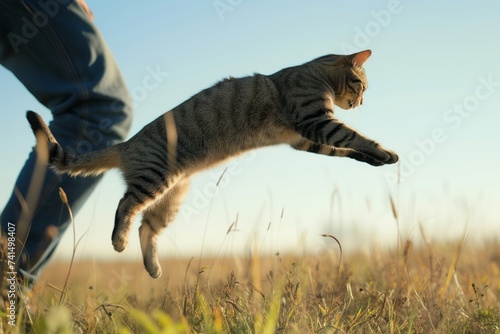 cat leaping with person in midair joy photo