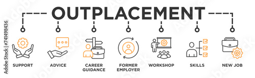 Outplacement banner web icon vector illustration concept with icon of support, advice, career guidance, former employer, workshop, skills, new job, training, and presentation