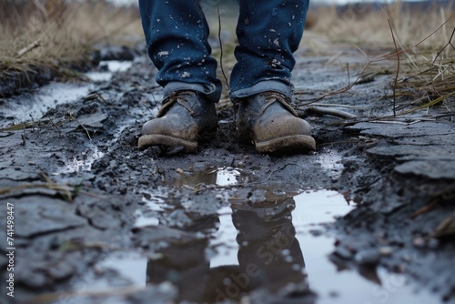 Person looking at mud puddle on dry cracked ground, earth day, save the planet.