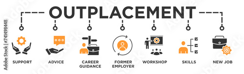 Outplacement banner web icon vector illustration concept with icon of support, advice, career guidance, former employer, workshop, skills, new job, training, and presentation