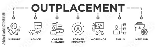 Outplacement banner web icon vector illustration concept with icon of support, advice, career guidance, former employer, workshop, skills, new job, training, and presentation