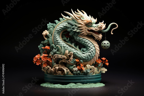 Statue of a dragon stands prominently against a black backdrop, showcasing intricate details and fierce features
