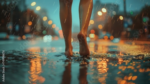 Woman legs walking on puddles while it rains in the city