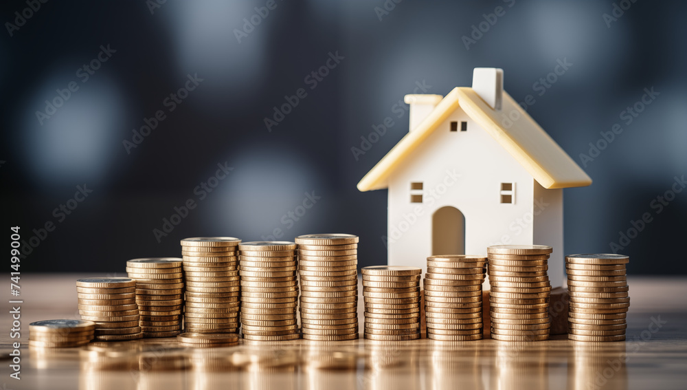 Stack coins as graph trend up and interest rates with house model background. FED fix recession inflation crisis by increase interest rate that effect to house buyer. Mortgage loan, financial concept. Stack coins as graph trend up and interest rates with house model background. FED fix recession inflation crisis by increase interest rate that effect to house buyer. Mortgage loan, financial concept.