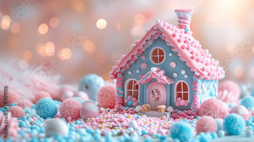 Surreal scene of a whimsical candy house surrounded by fluffy clouds and pastel pink trees under a blue sky.