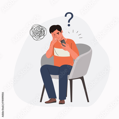 Young man sitting on the chair with smartphone. Doldrums concept. Vector flat style cartoon illustration