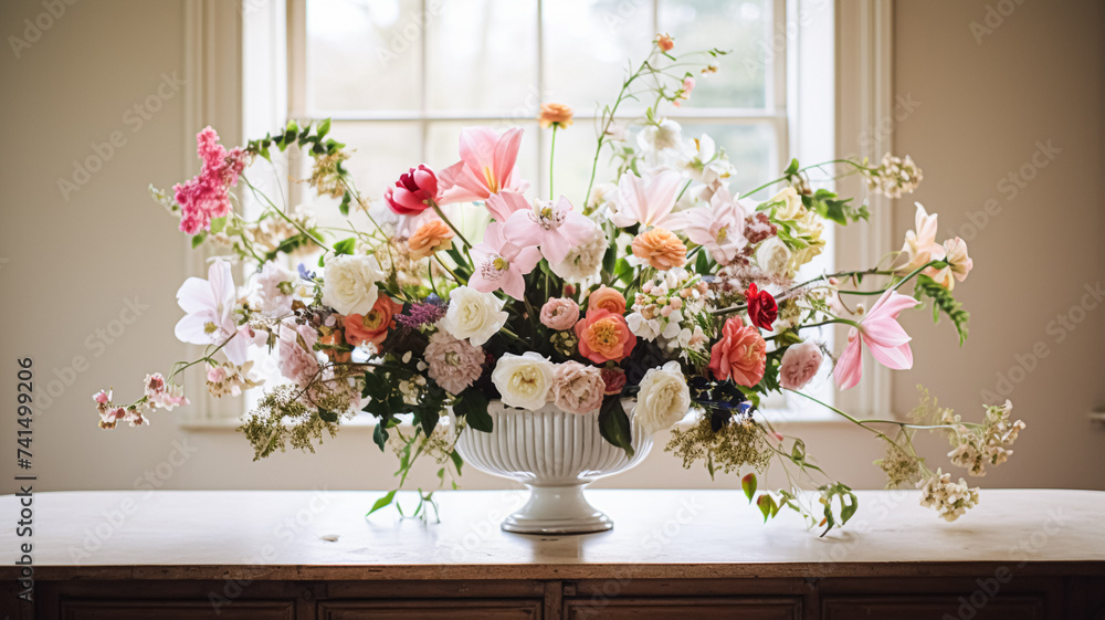 Floral arrangement with winter, autumn or early spring botanical plants and flowers