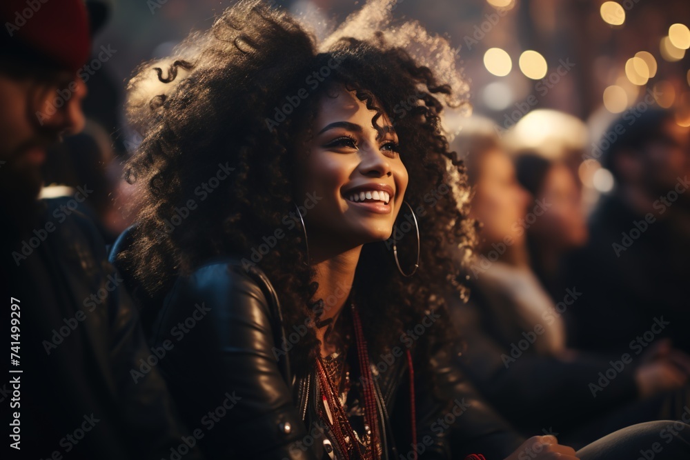 With infectious energy and a bright smile, a young African American woman dances freely, fully immersed in the lively atmosphere of the disco party, where fun knows no bounds With infectious energy and a bright smile, a young African American woman dances freely, fully immersed in the lively atmosphere of the disco party, where fun knows no bounds