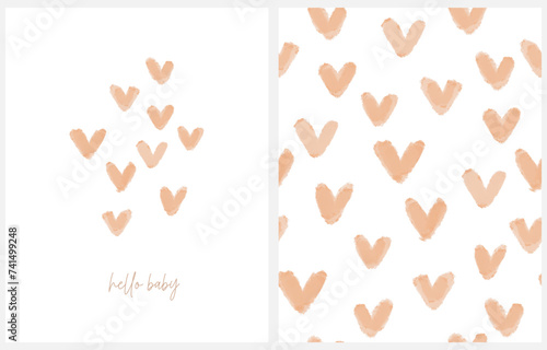 Watercolor Painting-like Baby Shower Prints. Hello Baby. Cute Vector Card and Seamless Pattern with Brown Hearts on a White Background. Trendy Art for Newborn   Babies Party. Baby Shower Prints. RGB.