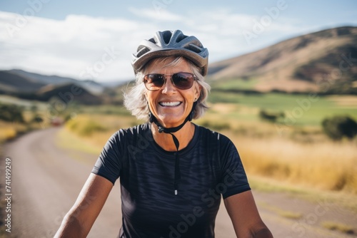 Portrait of happy senior woman wearing bicycle helmet and looking at camera in countryside © Nerea