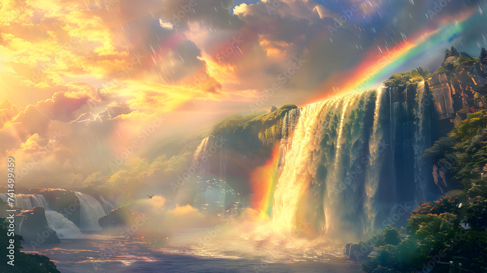 Fototapeta premium Majestic Waterfalls Echoes of Serenity , Rainbow over the waterfall with a rainbow in the background