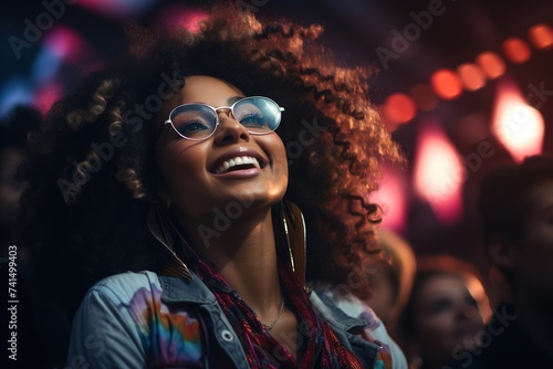With a beaming smile, a young African American woman moves to the rhythm of the music, exuding happiness and vitality on the dance floor of a lively disco party