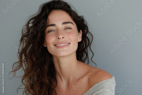 Happy attractive confident young adult or mid aged European woman posing for beauty aesthetic portrait. Beautiful lady smiling on background, attractive female model looking at camera. Close up face . photo