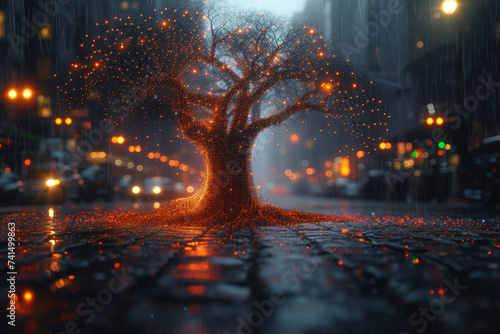 The digital connectivity webbing through a city against the interconnected root system of an ancient tree, symbolizing the intertwining networks that sustain both urban lifes. Generative Ai. photo