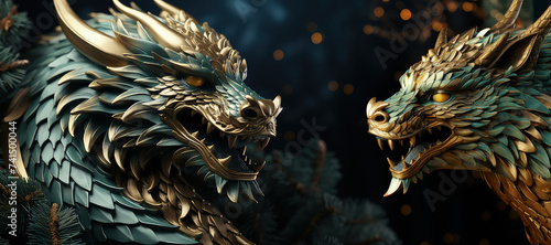 Two dragon statues in green and gold colors positioned next to each other
