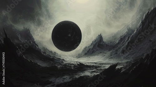 Black sun background, dead black sun landscape illustration #741500443