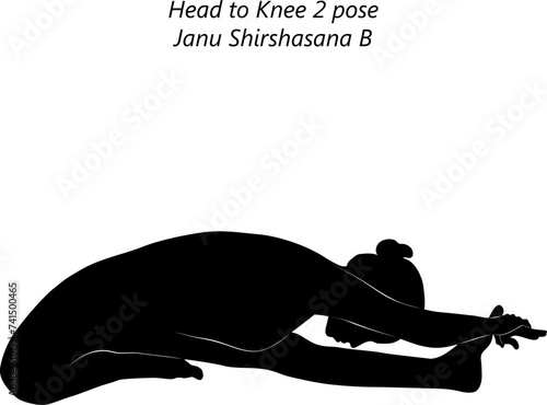 Silhouette of woman doing yoga Janu Shirshasana B. Head to Knee 2 pose. Intermediate Difficulty. Isolated vector illustration