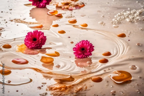 A pristine HD photograph capturing the beauty of vibrant liquid splashes merging gracefully on a minimalist canvas, accented with contemporary flower motifs for an added layer of sophistication photo