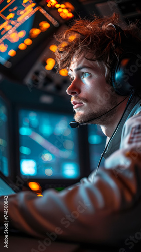 free space for title banner with an engineer with headset in a launch control room, staring at screens a launch that about to happen, stress is palpable