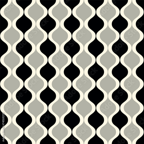 Retro geometric 70s creamand black waves mid century seamless pattern
