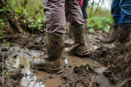 volunteers footwear during a muddy habitat restoration project © studioworkstock