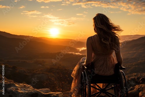 A touching scene unfolds as a girl with raised hands sits atop a wheelchair, triumphantly conquering a mountain peak, symbolizing resilience and determination in the face of adversity