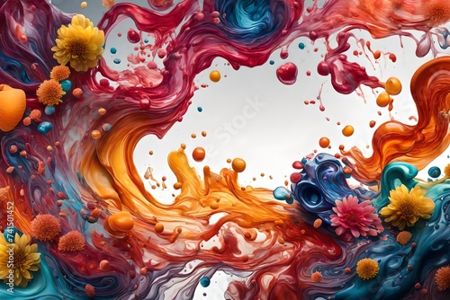 A breathtaking high-resolution image showcasing the dynamic fusion of colorful liquids on a clean background, adorned with tasteful flower patterns, creating a visually  and modern illustration photo