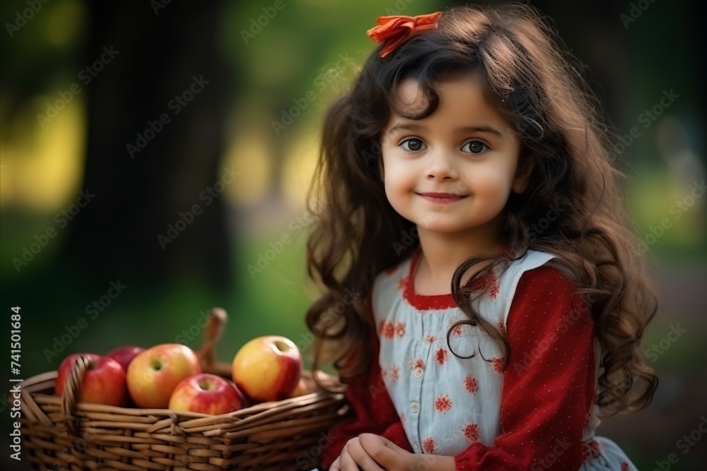 Cute little girl with basket of apples in the park, outdoor shot Cute little girl with basket of apples in the park, outdoor shot