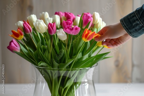 florist placing tulips in a glass vase