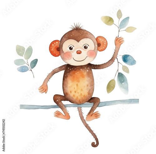Watercolor monkey illustration isolated on white background.