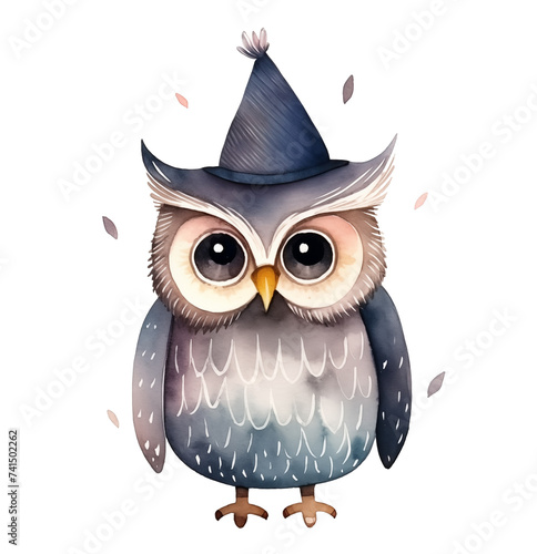 Watercolor owl with party hat illustration isolated on white background.