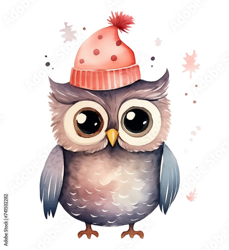 Watercolor owl in a red beanie isolated on white background.