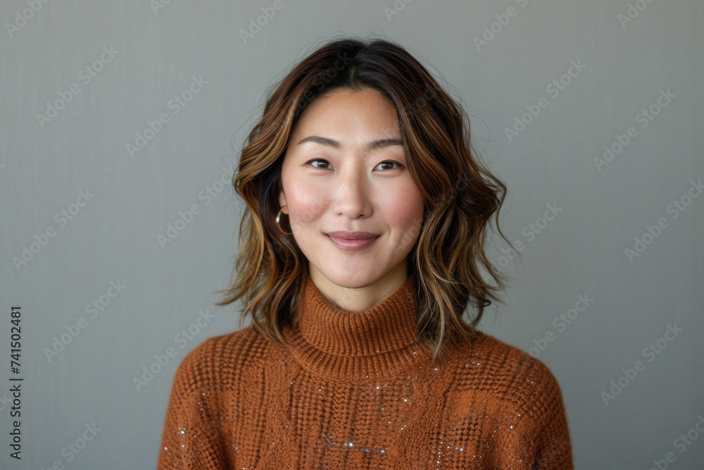 Beautiful confident Asian woman of middle age posing for portrait. Pretty mature adult lady model from Asia looking at camera smiling on background advertising products and services. Close up face . Beautiful confident Asian woman of middle age posing for portrait. Pretty mature adult lady model from Asia looking at camera smiling on background advertising products and services. Close up face .