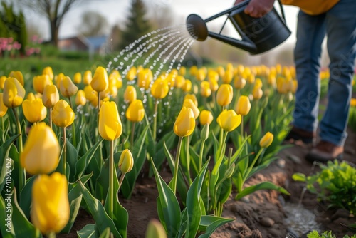 man watering a bed of yellow tulips