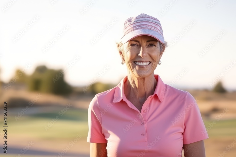 Portrait of a happy senior woman smiling at the camera on a golf course Portrait of a happy senior woman smiling at the camera on a golf course