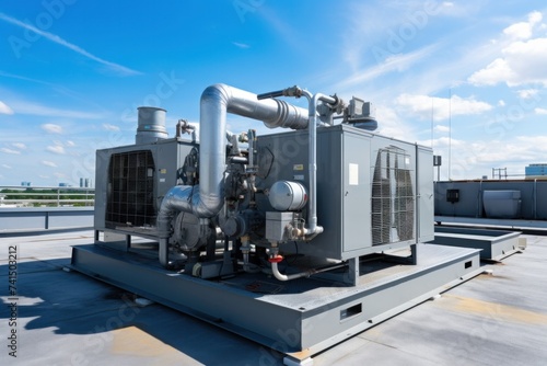Commercial pumps, HVAC, condensers and compressors on building rooftops large ventilation system