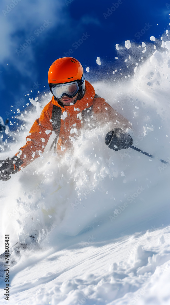 free space on the left corner for title banner with close up picture ultra realistic skier, close up, action shot